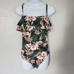 Kona Sol Small One Piece Swim Suit Dark Green Floral Print Ruffles Swimming